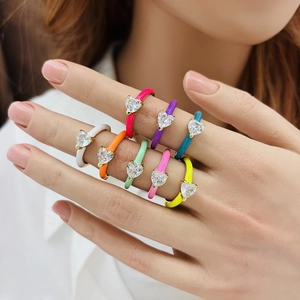 Adjustable enamel drip water drop rings with heart-shaped crystal zircon for women