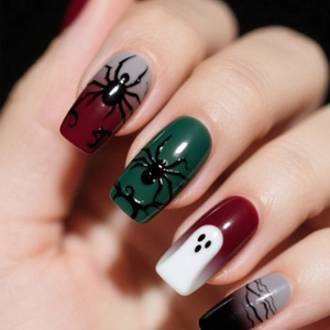 Halloween Press On Nails Spider Ghost Pattern Medium Square Glossy ABS Artificial Nails Festive Party Decors For Women