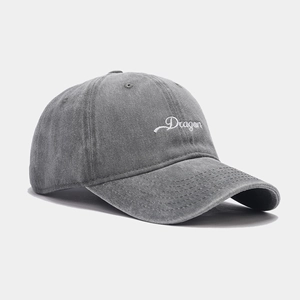 Classic dark grey washed cotton baseball cap with white Dragon embroidery on front