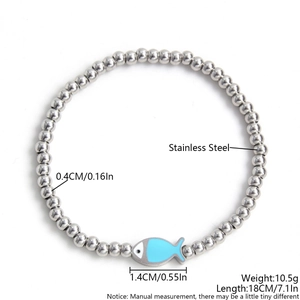 4mm stainless steel beaded bracelet featuring a light blue fish charm and star accents
