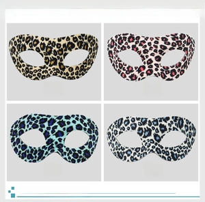 Detail showing four styles of leopard print fabric masks in different color patterns