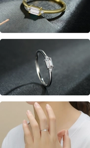 Close-up of minimalist 925 silver ring featuring rectangular zircon and side stones