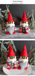 Detail of Christmas gnome with red hat, moose antlers, and wooden buttons decoration