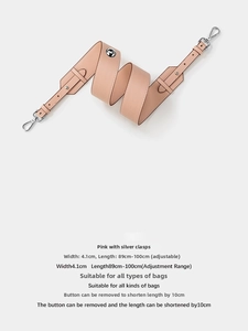 Pink lychee leather bag strap with silver metal buckles, 4.1cm wide, length 89-100cm