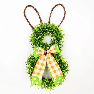 Easter Bunny Wreath Artificial Greenery Door Hanging Decoration With Twig Ears And Plaid Bow Spring Party Home Decor