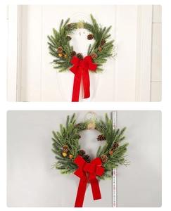 Christmas wreath on white door with pine cones and red bow alongside size measurement