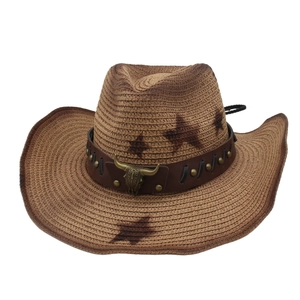 Retro straw western cowboy hat with brown leather band and bronze bull head ornament