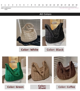 Detailed view of quilted puffer shoulder bags in five colors with a 20cm size ruler