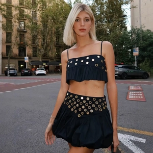 Haut Court À Bretelles Spaghetti Et Mini Jupe Plissée Pour Femmes Mélange Coton Polyester Décor Miroir Ourlet À Volants
