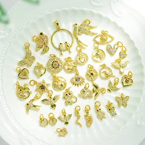 18K gold plated bird heart and evil eye charms with cubic zirconia for DIY jewelry