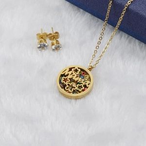 18K gold plated stainless steel Mama necklace set with flower pendant and stud earrings