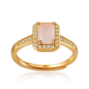 18K gold plated open ring with rectangular pink zircon and sparkling small crystals