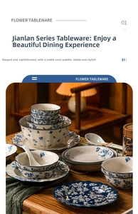 Detailed view of blue and white floral ceramic dinnerware set on a rustic wooden table