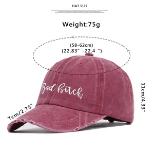 Size chart showing height and circumference of red distressed vintage baseball cap