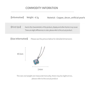 Size chart and details of diamond flower and pearl pendant necklace in copper