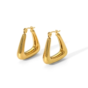 Close-up of polished 18k gold plated stainless steel triangle earrings on white background