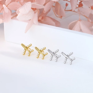 Elegant S925 sterling silver airplane stud earrings with sparkling cubic zirconia stones