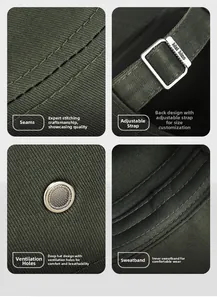 Detailed view of army green flat top cap featuring metal eyelets and adjustable strap buckle