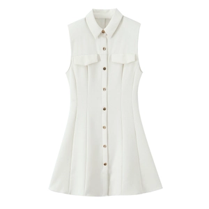 Off-white sleeveless cotton blend shirt dress with buttons and front pockets