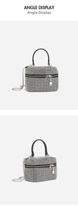 Detailed views of a silver rhinestone mini box bag with chain strap and top handle