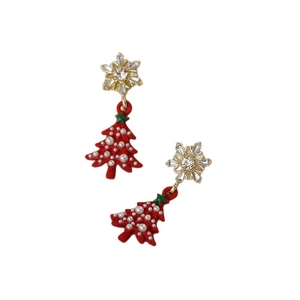 Christmas tree earrings with snowflake stud and pearl accent in red and gold finish