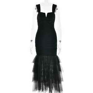 Sexy black sleeveless V-neck maxi dress with pleated mesh mermaid hem for women
