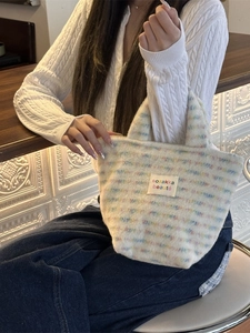 Cute plush knitted tote bag with colorful dots for daily shopping and office commute