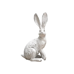 Rustic white resin rabbit garden ornament with vintage textured finish in sitting pose