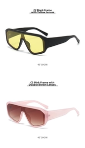 Detail of oversized geometric sunglasses in black-yellow and pink gradient tints