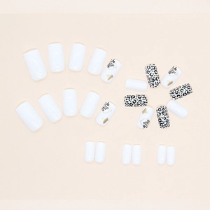 Glossy white square press-on nails set with leopard print and golden cat patterns