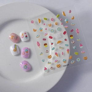 5D embossed nail stickers featuring pink ice cream, donuts, and bakery dessert patterns