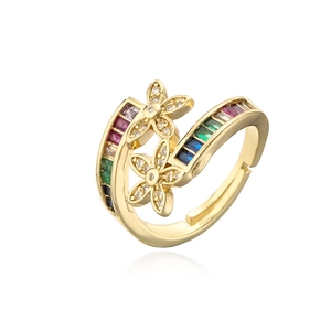 Adjustable gold flower ring with colorful zircon baguettes and sparkling floral details