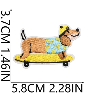 Detailed view of dachshund on skateboard embroidery patch with size dimensions