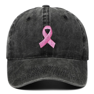 Casquette en coton délavé noir avec broderie ruban rose pour sensibilisation devant