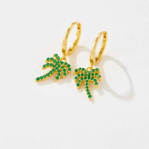 Golden S925 sterling silver hoop earrings featuring tropical green palm tree pendants