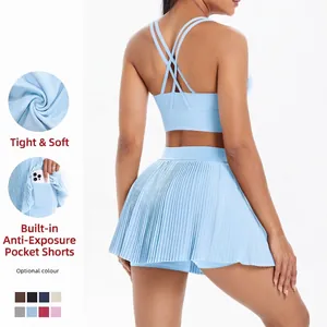 Women Yoga Sports Bra And Pleated Tennis Skirt Set Sexy Criss-Cross Back Top And Bottom Breathable Quick-Dry Fitness Workout Wear
