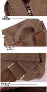 Detail of vintage canvas backpack showing reinforced stitching, sturdy handle and zippers