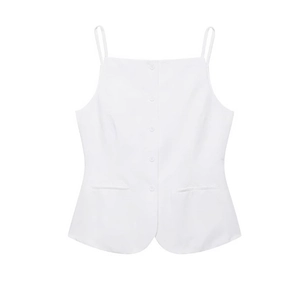 Women's white button-up vest top with thin straps and pockets on a clean white background