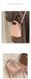 Pink and brown PU bucket bags with adjustable straps and metallic hardware details