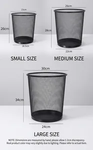 Size chart showing small, medium, and large black metal mesh round trash bins with dimensions