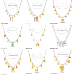 Size guide for various pearl necklaces with heart and bow pendants in stainless steel