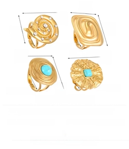 Detailed size chart showing dimensions and weight for four gold stainless steel rings