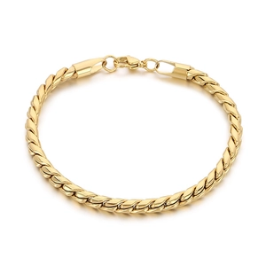 Polished gold flat Cuban link chain bracelet with lobster clasp on white background