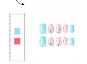 Detail view of press on nails with blue, white and pink abstract line patterns