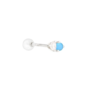 Macro shot of sterling silver stud earring with blue turquoise and white gem screw back
