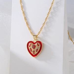 Classic 18K gold plated heart pendant necklace with red cubic zirconia stones for women