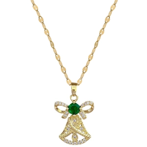 Elegant gold titanium angel pendant necklace with green gemstone and cubic zirconia