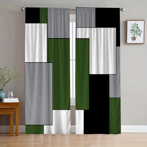 Detailed close-up of geometric pattern polyester curtains with modern block design