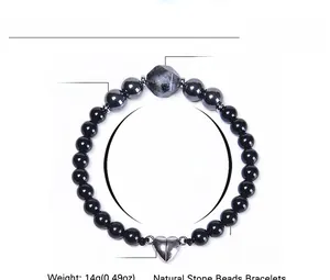 Detailed parameter chart of black natural stone beaded bracelet with heart magnetic clasp