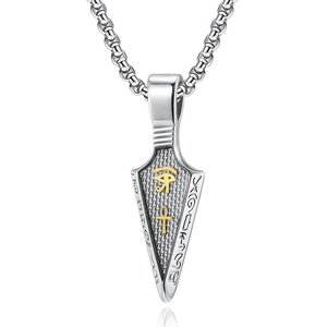 Polished stainless steel Eye of Horus and Ankh arrow pendant necklace with silver chain